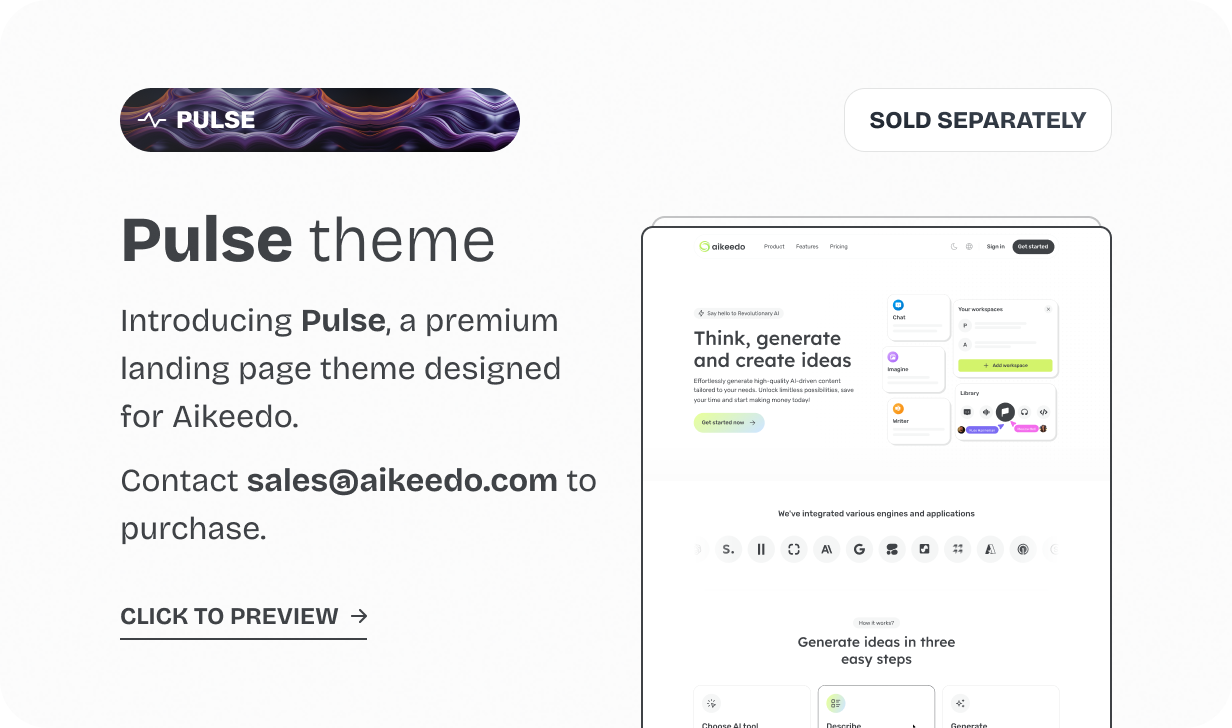 Introducing Pulse, a premium landing page theme designed for Aikeedo. @heyaikeedo #aikeedo